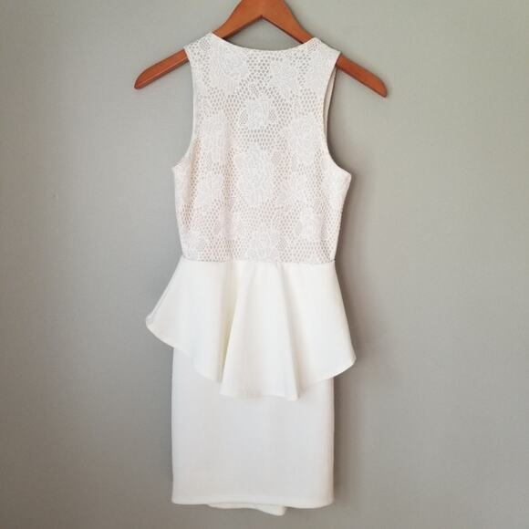Flamingo White Peplum Fitted Dress with Lace V Neck Detail - Picture 2 of 5